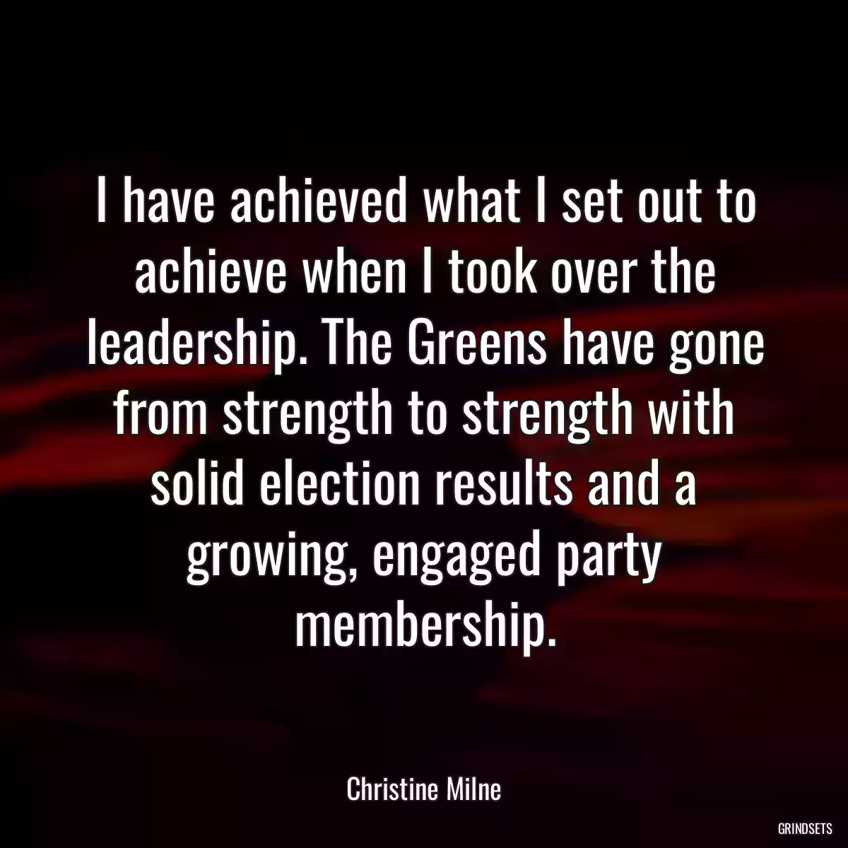 I have achieved what I set out to achieve when I took over the leadership. The Greens have gone from strength to strength with solid election results and a growing, engaged party membership.