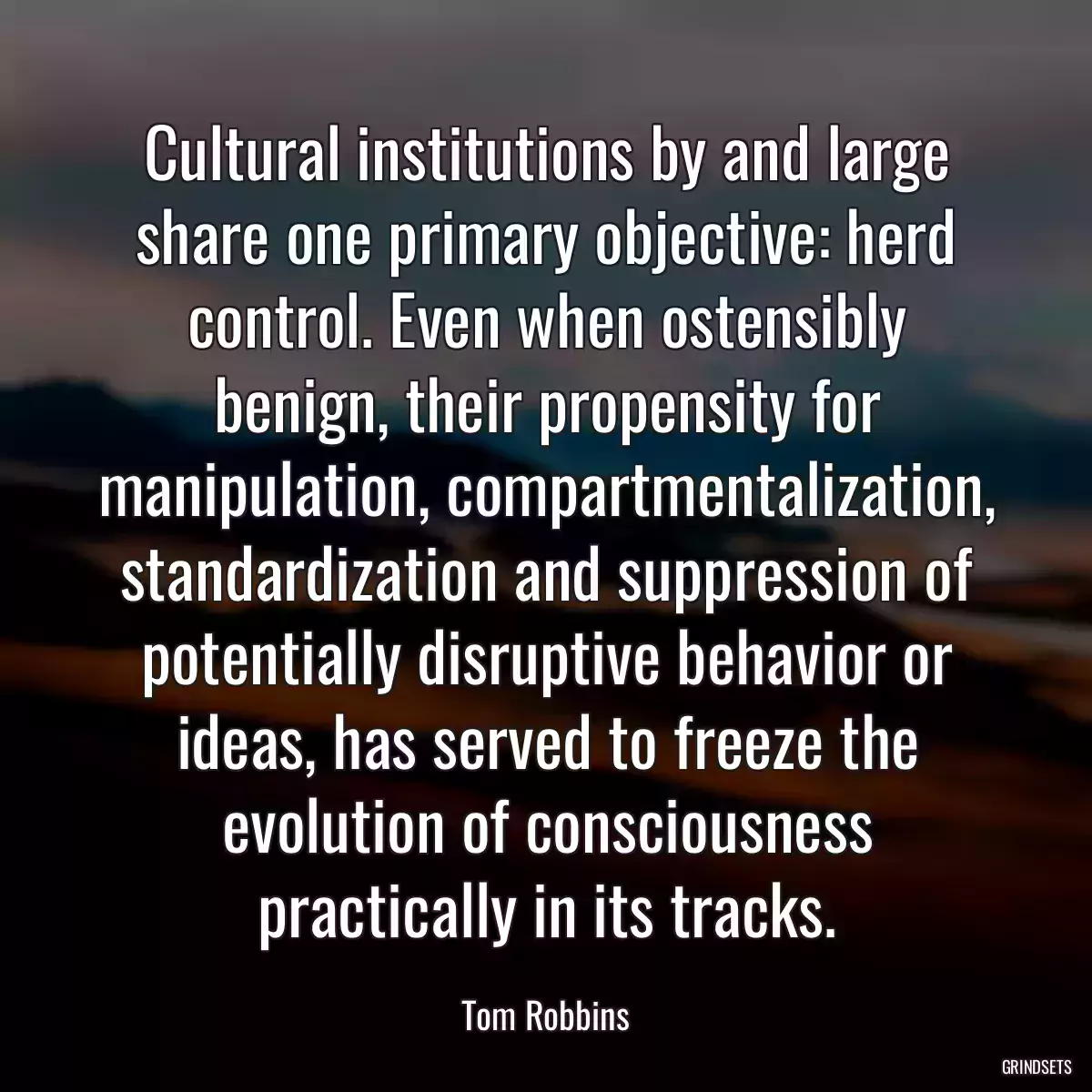 Cultural institutions by and large share one primary objective: herd control. Even when ostensibly benign, their propensity for manipulation, compartmentalization, standardization and suppression of potentially disruptive behavior or ideas, has served to freeze the evolution of consciousness practically in its tracks.