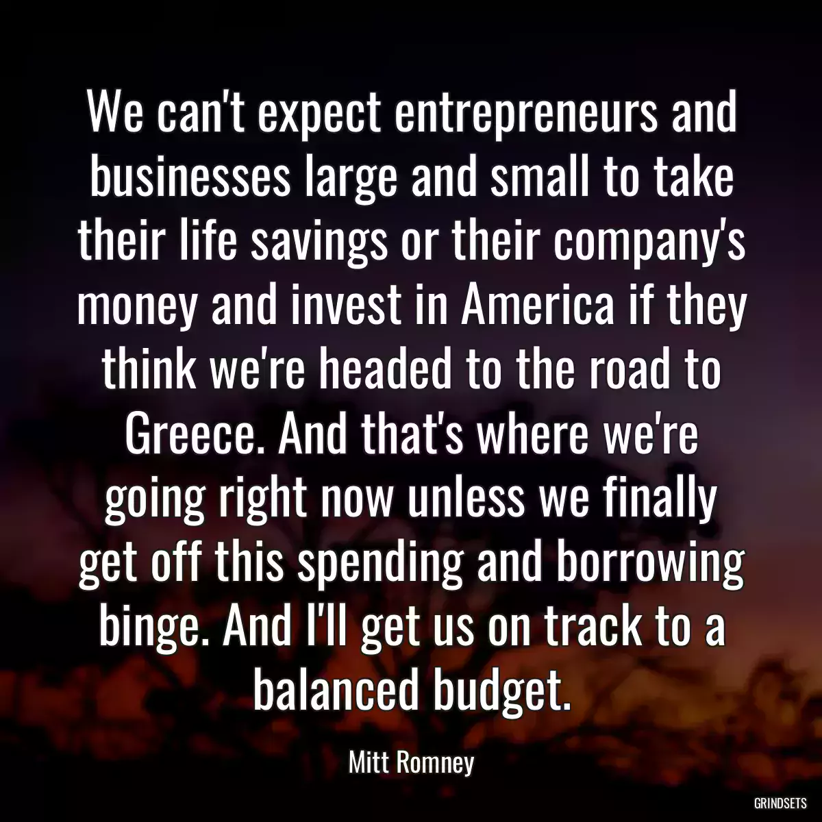 We can\'t expect entrepreneurs and businesses large and small to take their life savings or their company\'s money and invest in America if they think we\'re headed to the road to Greece. And that\'s where we\'re going right now unless we finally get off this spending and borrowing binge. And I\'ll get us on track to a balanced budget.