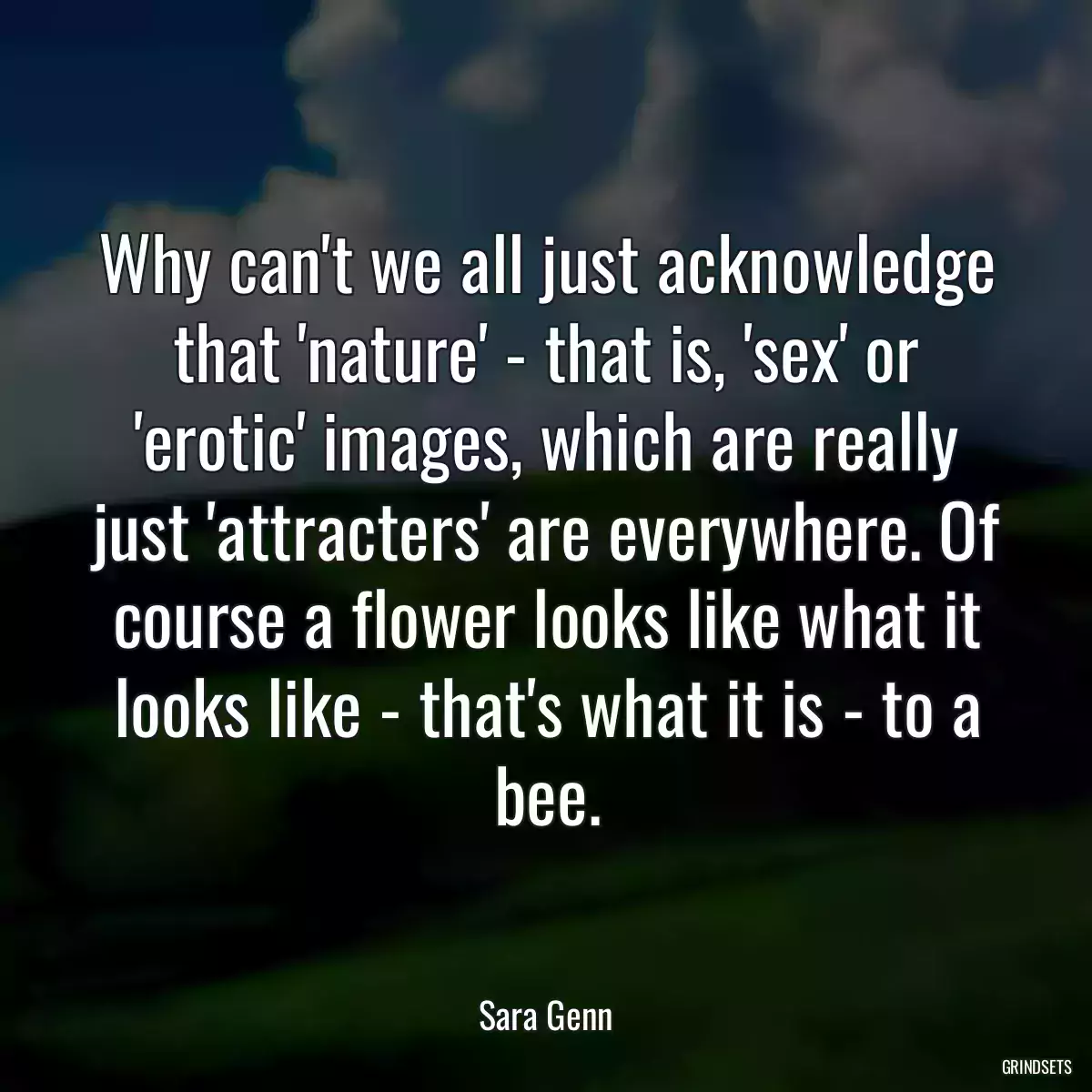 Why can\'t we all just acknowledge that \'nature\' - that is, \'sex\' or \'erotic\' images, which are really just \'attracters\' are everywhere. Of course a flower looks like what it looks like - that\'s what it is - to a bee.