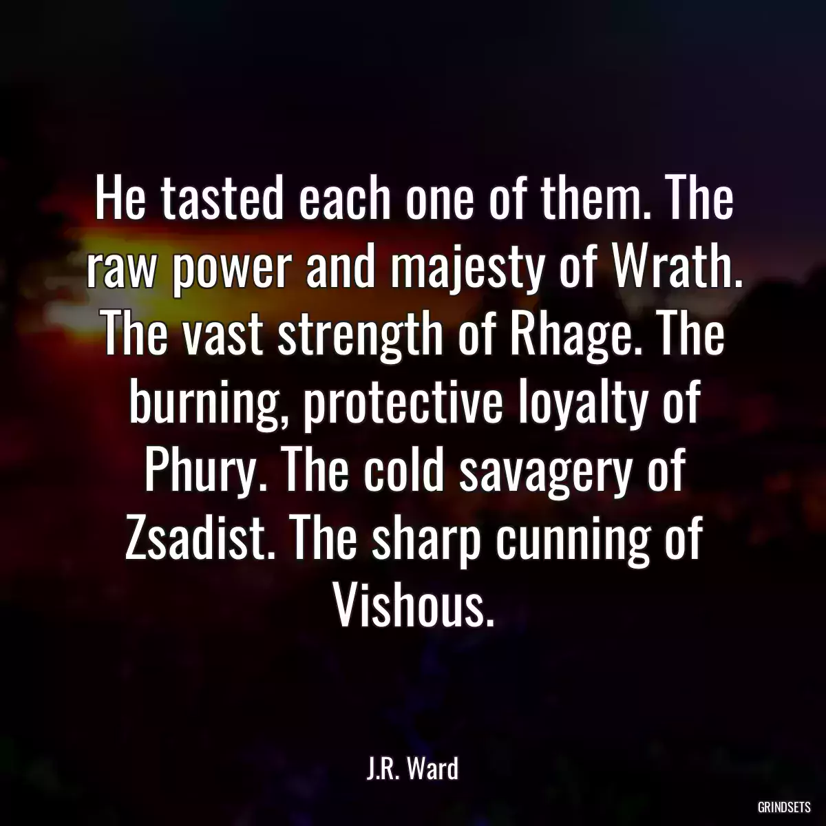 He tasted each one of them. The raw power and majesty of Wrath. The vast strength of Rhage. The burning, protective loyalty of Phury. The cold savagery of Zsadist. The sharp cunning of Vishous.