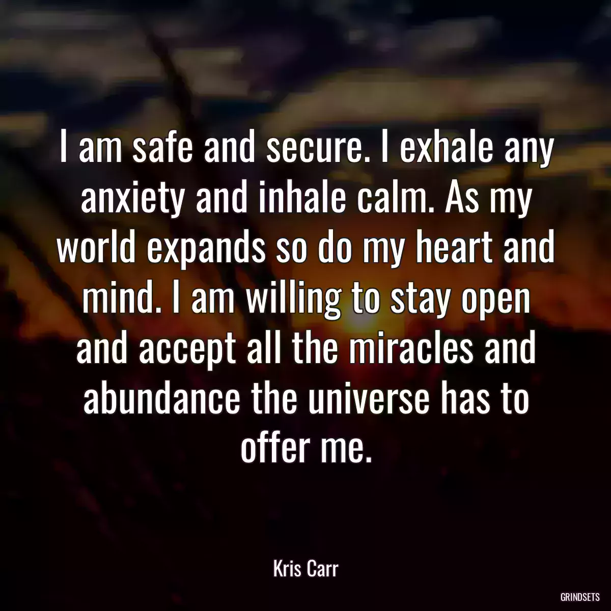 I am safe and secure. I exhale any anxiety and inhale calm. As my world expands so do my heart and mind. I am willing to stay open and accept all the miracles and abundance the universe has to offer me.