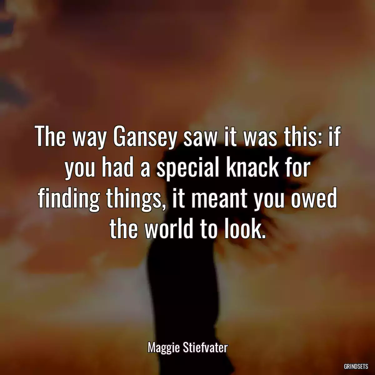 The way Gansey saw it was this: if you had a special knack for finding things, it meant you owed the world to look.