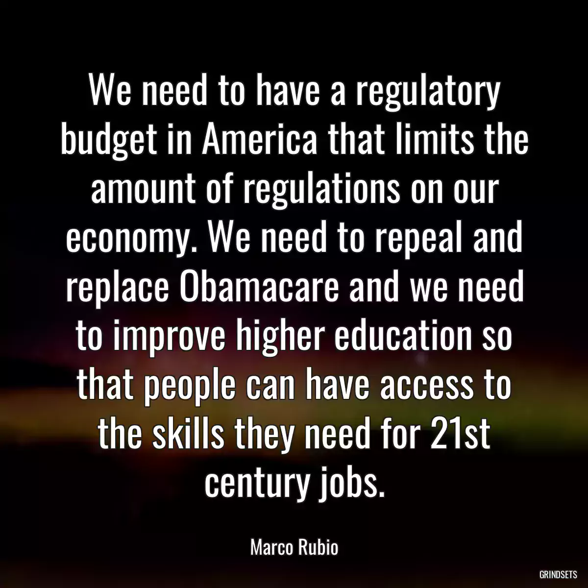 We need to have a regulatory budget in America that limits the amount of regulations on our economy. We need to repeal and replace Obamacare and we need to improve higher education so that people can have access to the skills they need for 21st century jobs.