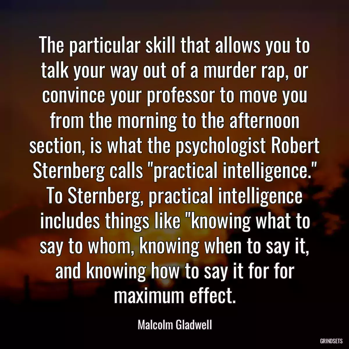 The particular skill that allows you to talk your way out of a murder rap, or convince your professor to move you from the morning to the afternoon section, is what the psychologist Robert Sternberg calls \