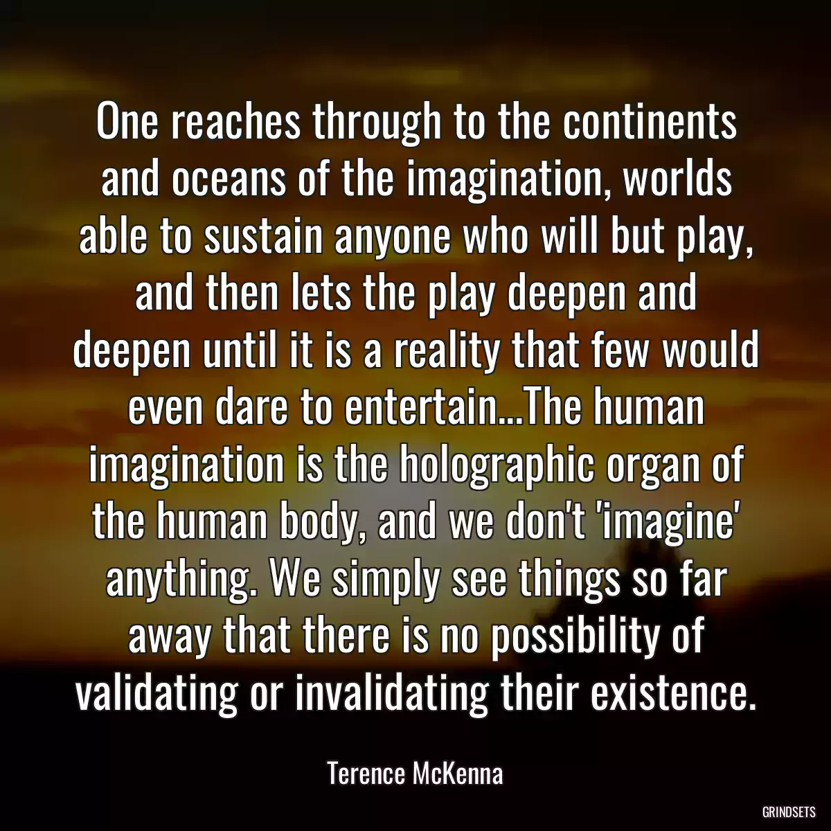 One reaches through to the continents and oceans of the imagination, worlds able to sustain anyone who will but play, and then lets the play deepen and deepen until it is a reality that few would even dare to entertain...The human imagination is the holographic organ of the human body, and we don\'t \'imagine\' anything. We simply see things so far away that there is no possibility of validating or invalidating their existence.