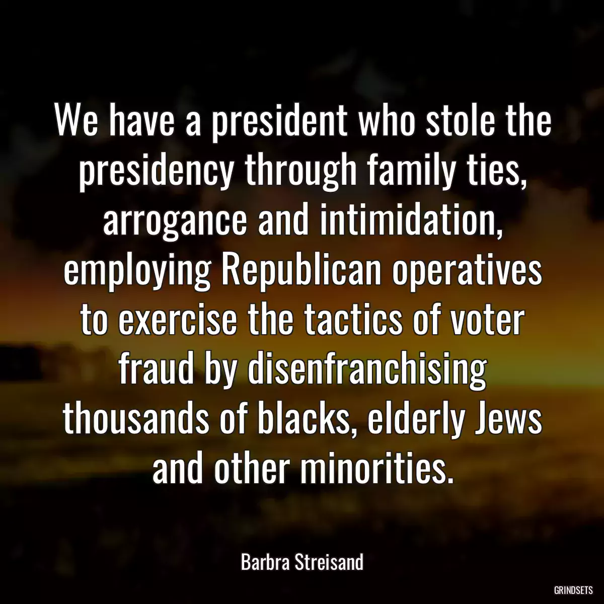 We have a president who stole the presidency through family ties, arrogance and intimidation, employing Republican operatives to exercise the tactics of voter fraud by disenfranchising thousands of blacks, elderly Jews and other minorities.