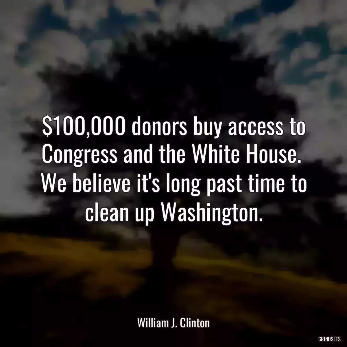 $100,000 donors buy access to Congress and the White House.  We believe it\'s long past time to clean up Washington.