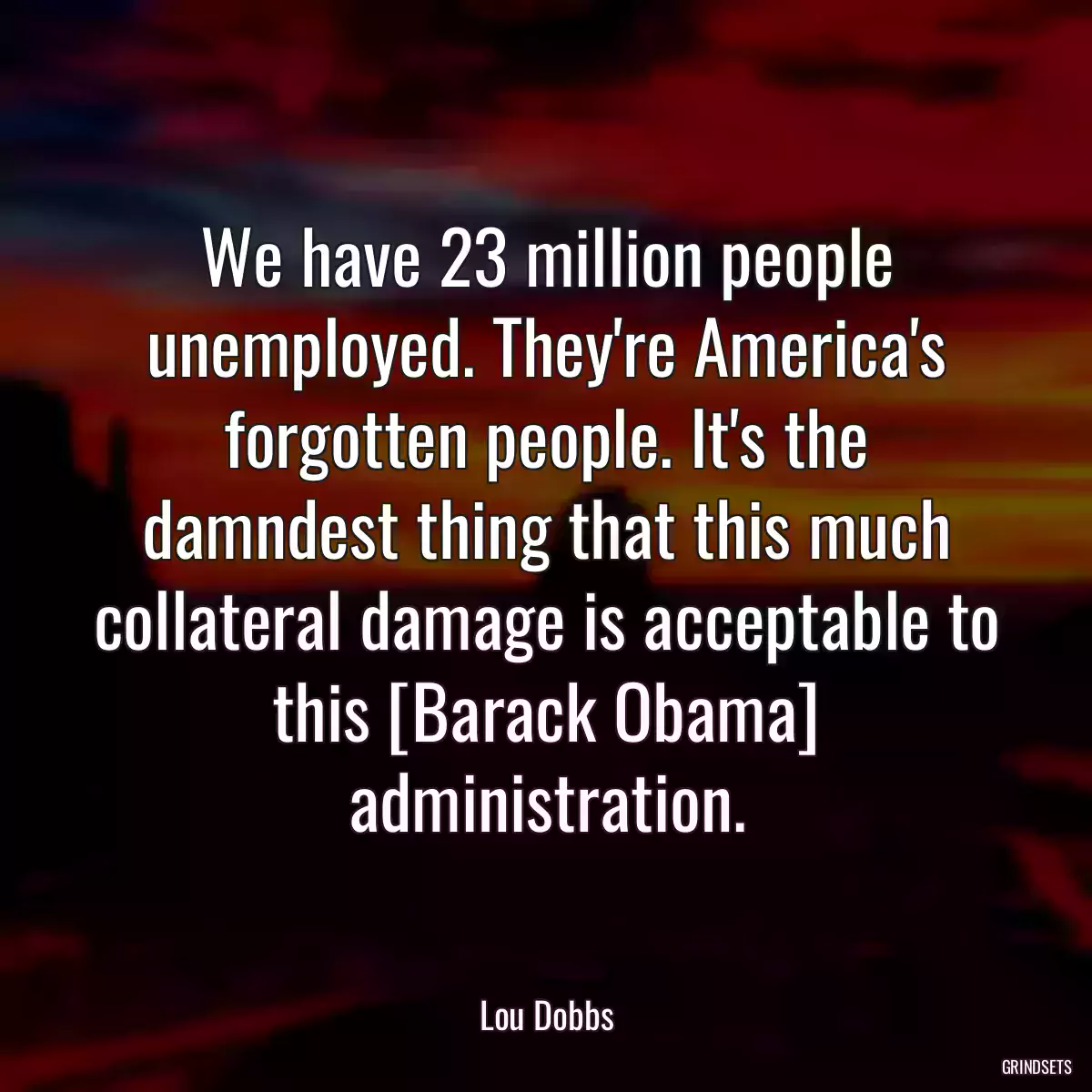 We have 23 million people unemployed. They\'re America\'s forgotten people. It\'s the damndest thing that this much collateral damage is acceptable to this [Barack Obama] administration.