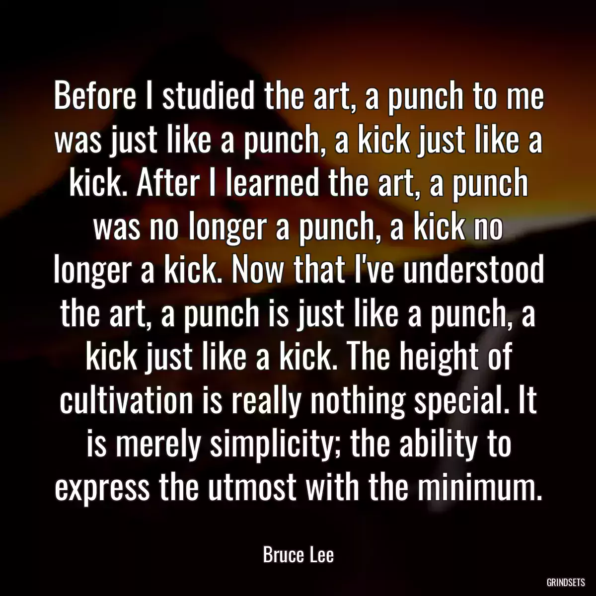 Before I studied the art, a punch to me was just like a punch, a kick just like a kick. After I learned the art, a punch was no longer a punch, a kick no longer a kick. Now that I\'ve understood the art, a punch is just like a punch, a kick just like a kick. The height of cultivation is really nothing special. It is merely simplicity; the ability to express the utmost with the minimum.