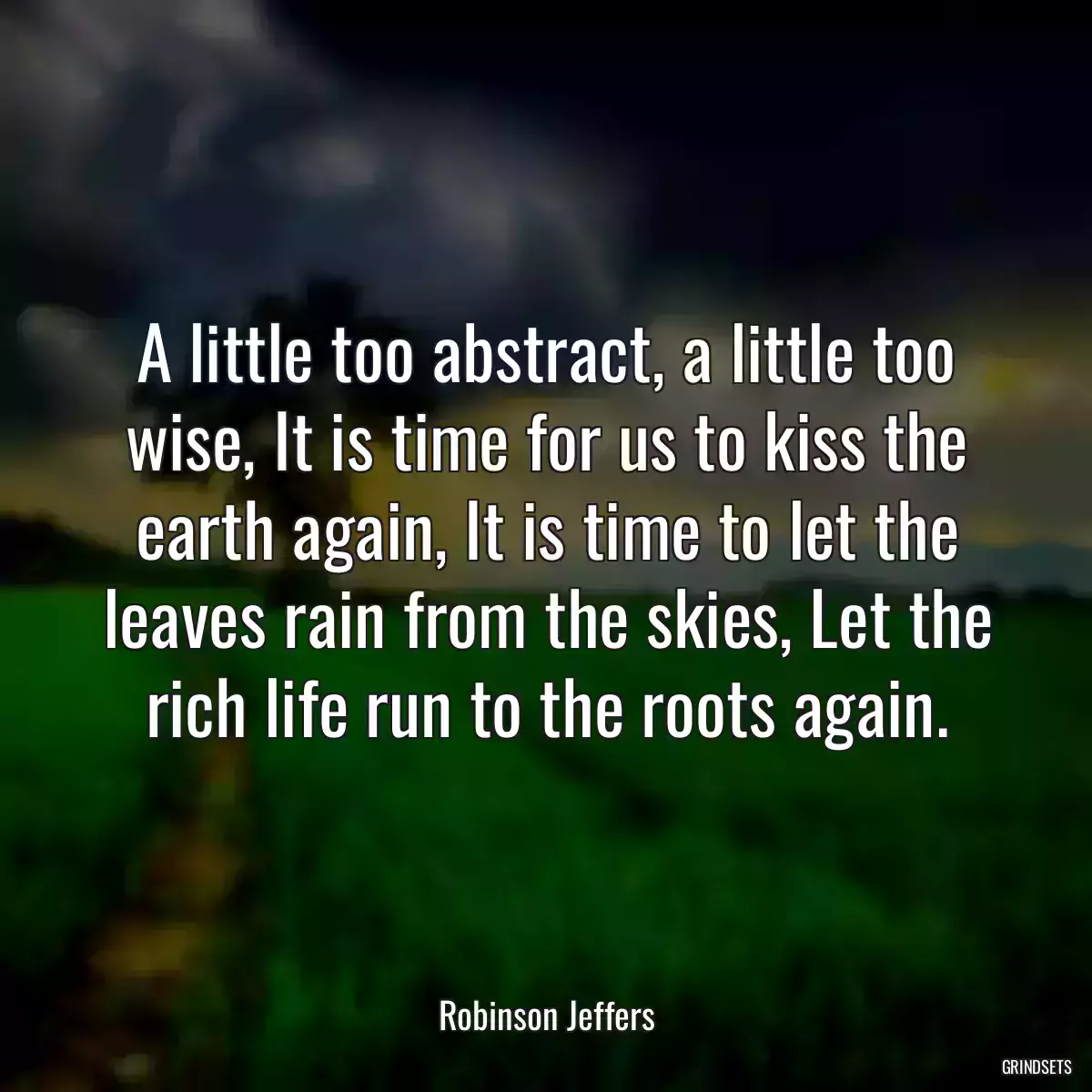 A little too abstract, a little too wise, It is time for us to kiss the earth again, It is time to let the leaves rain from the skies, Let the rich life run to the roots again.