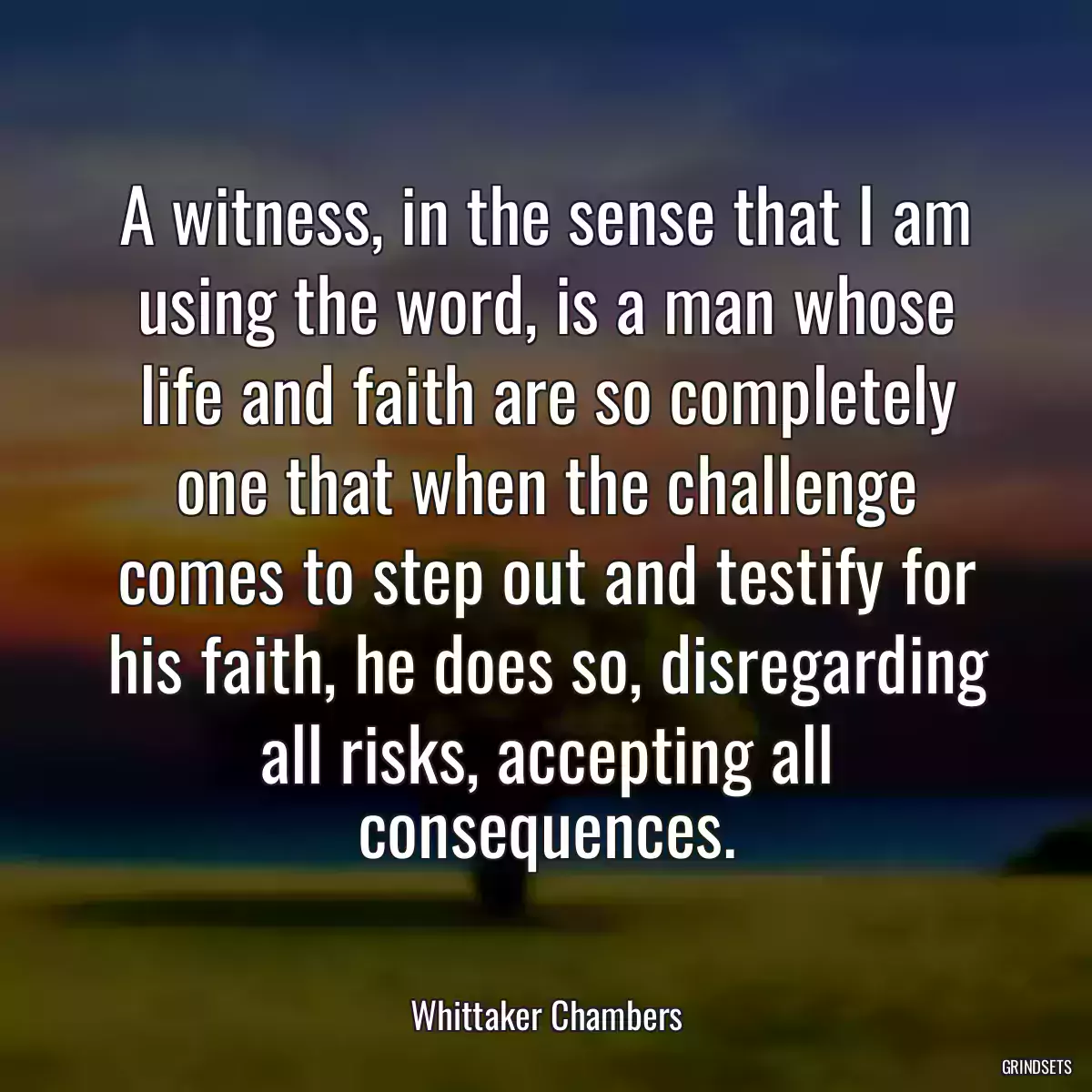 A witness, in the sense that I am using the word, is a man whose life and faith are so completely one that when the challenge comes to step out and testify for his faith, he does so, disregarding all risks, accepting all consequences.