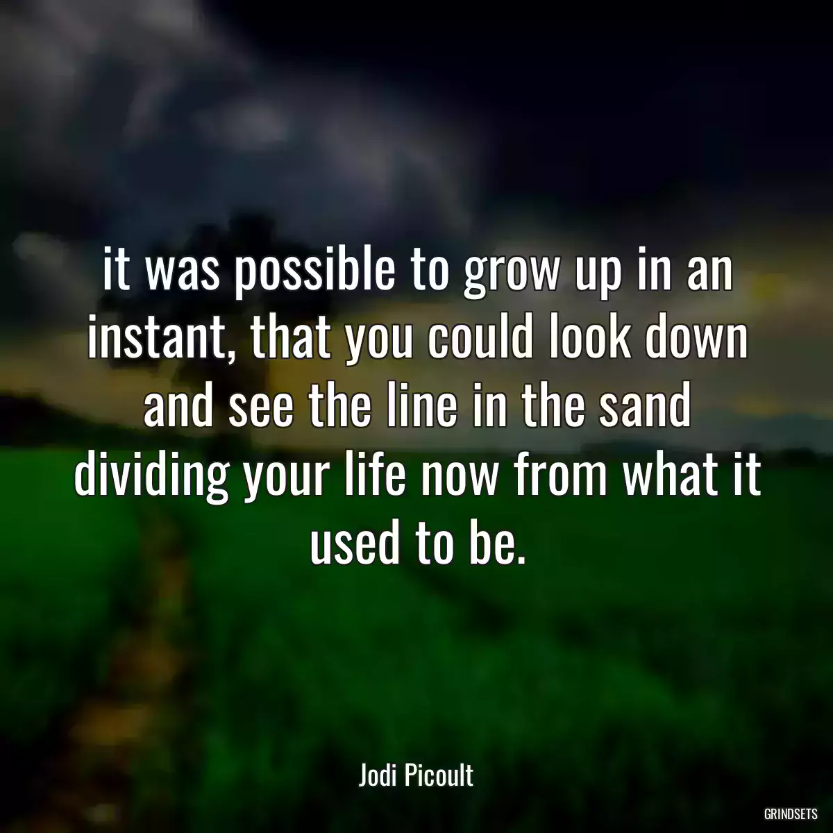 it was possible to grow up in an instant, that you could look down and see the line in the sand dividing your life now from what it used to be.