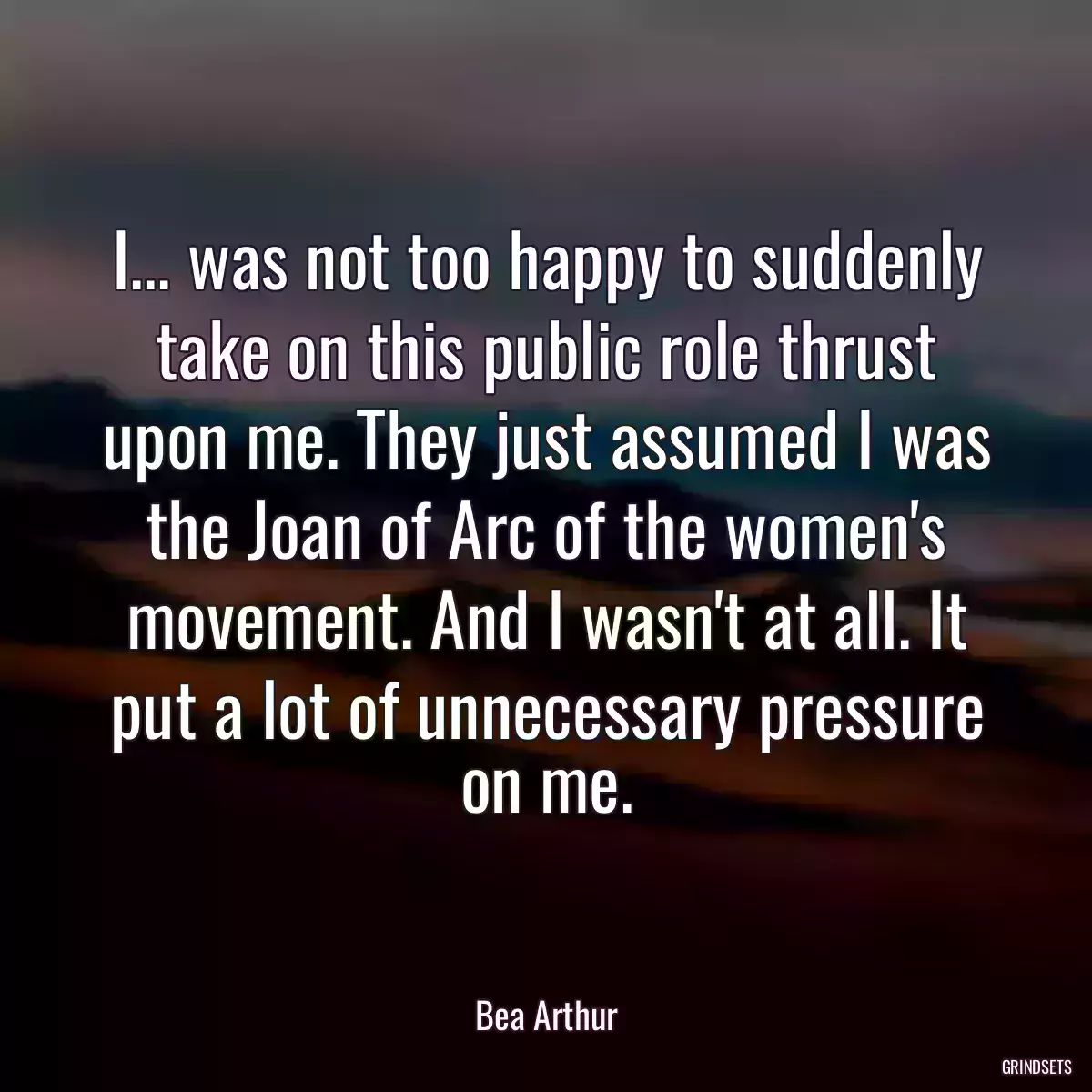 I... was not too happy to suddenly take on this public role thrust upon me. They just assumed I was the Joan of Arc of the women\'s movement. And I wasn\'t at all. It put a lot of unnecessary pressure on me.