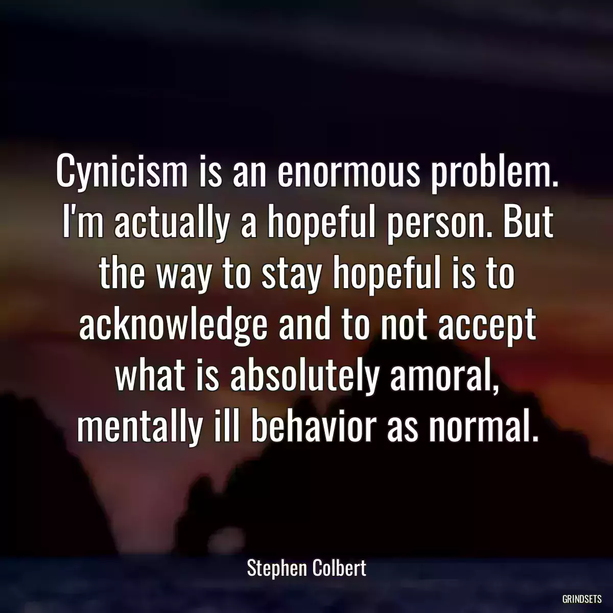 Cynicism is an enormous problem. I\'m actually a hopeful person. But the way to stay hopeful is to acknowledge and to not accept what is absolutely amoral, mentally ill behavior as normal.