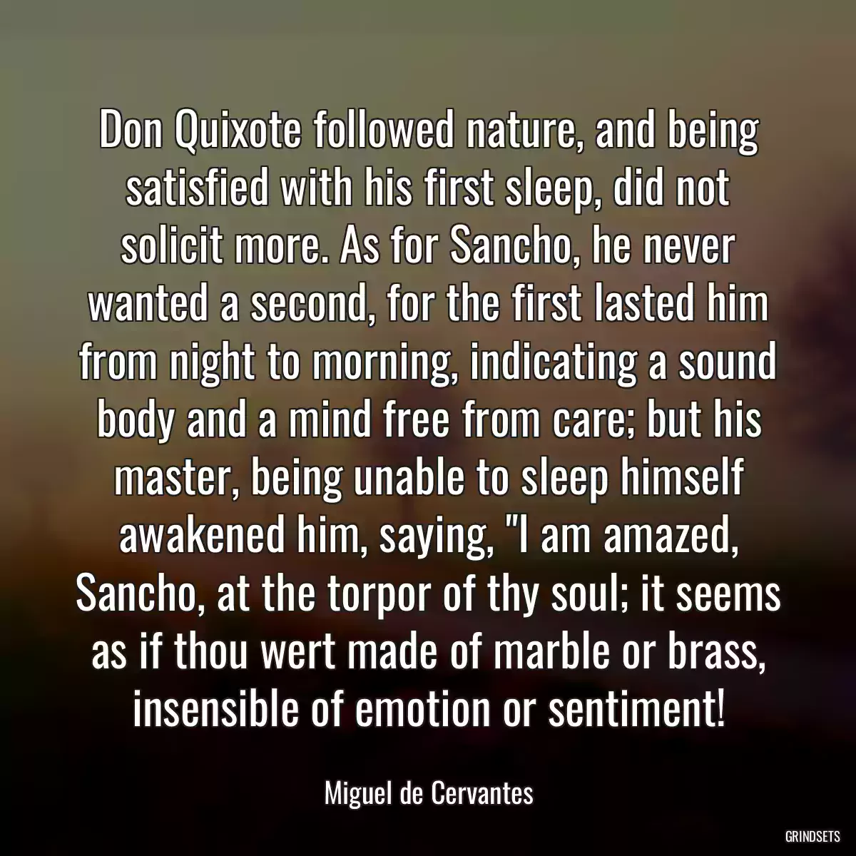 Don Quixote followed nature, and being satisfied with his first sleep, did not solicit more. As for Sancho, he never wanted a second, for the first lasted him from night to morning, indicating a sound body and a mind free from care; but his master, being unable to sleep himself awakened him, saying, \