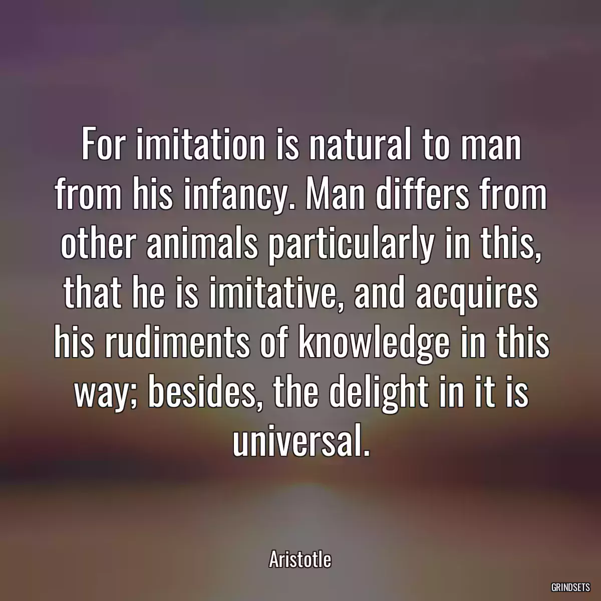 For imitation is natural to man from his infancy. Man differs from other animals particularly in this, that he is imitative, and acquires his rudiments of knowledge in this way; besides, the delight in it is universal.