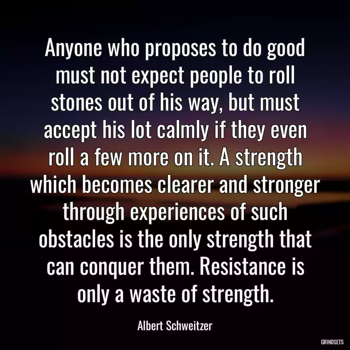 Anyone who proposes to do good must not expect people to roll stones out of his way, but must accept his lot calmly if they even roll a few more on it. A strength which becomes clearer and stronger through experiences of such obstacles is the only strength that can conquer them. Resistance is only a waste of strength.