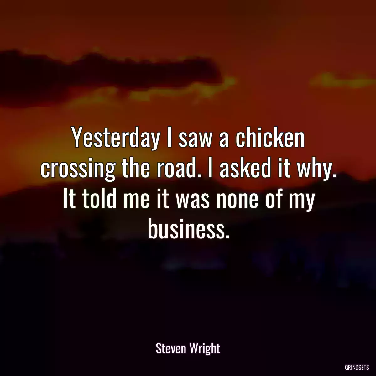 Yesterday I saw a chicken crossing the road. I asked it why. It told me it was none of my business.