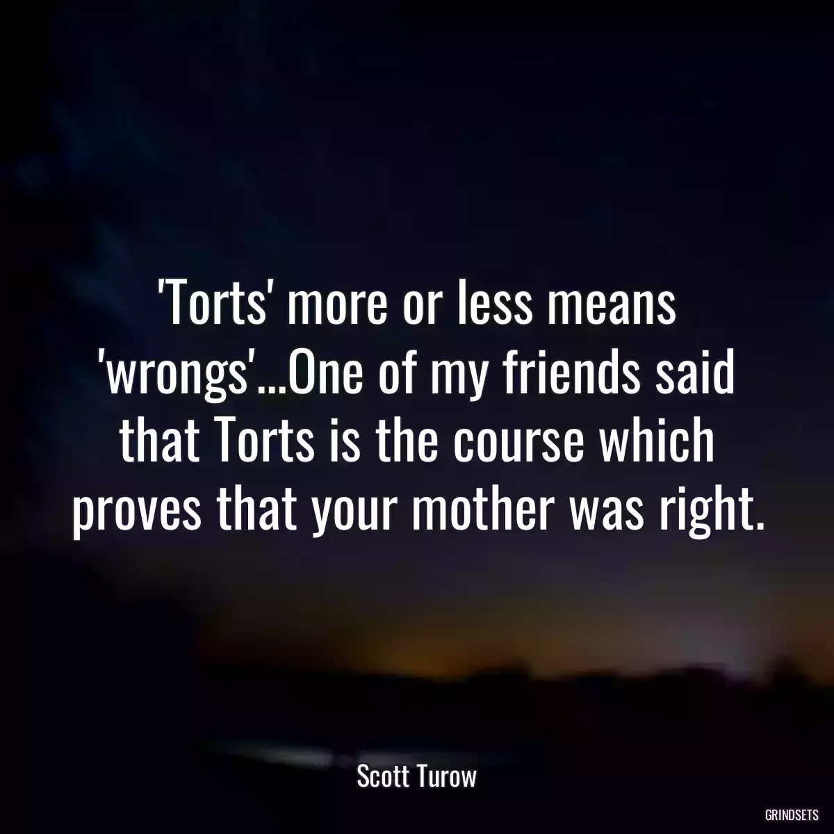 \'Torts\' more or less means \'wrongs\'...One of my friends said that Torts is the course which proves that your mother was right.