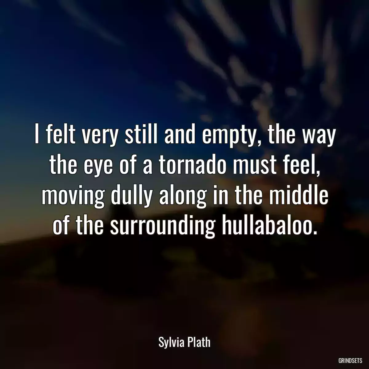 I felt very still and empty, the way the eye of a tornado must feel, moving dully along in the middle of the surrounding hullabaloo.