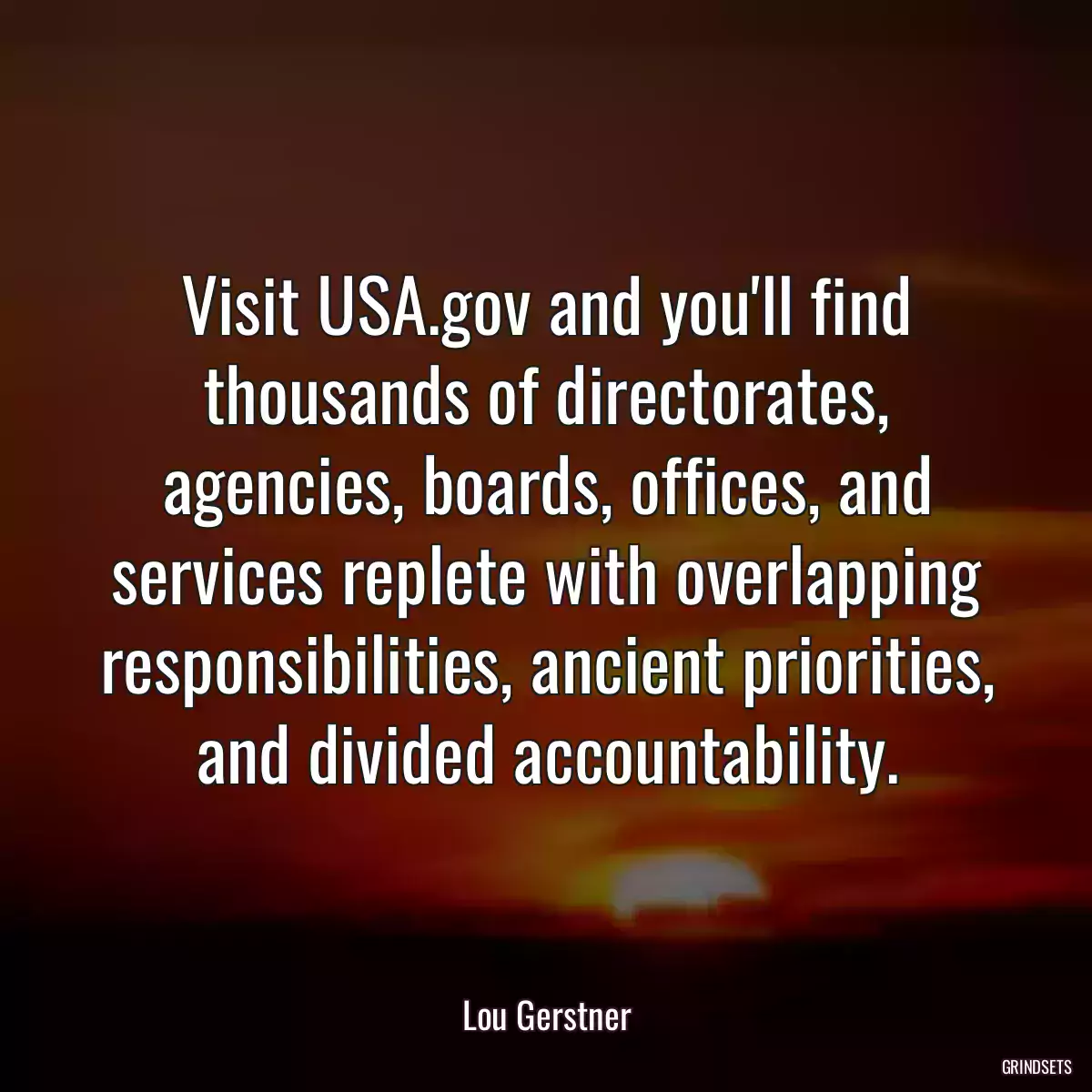 Visit USA.gov and you\'ll find thousands of directorates, agencies, boards, offices, and services replete with overlapping responsibilities, ancient priorities, and divided accountability.