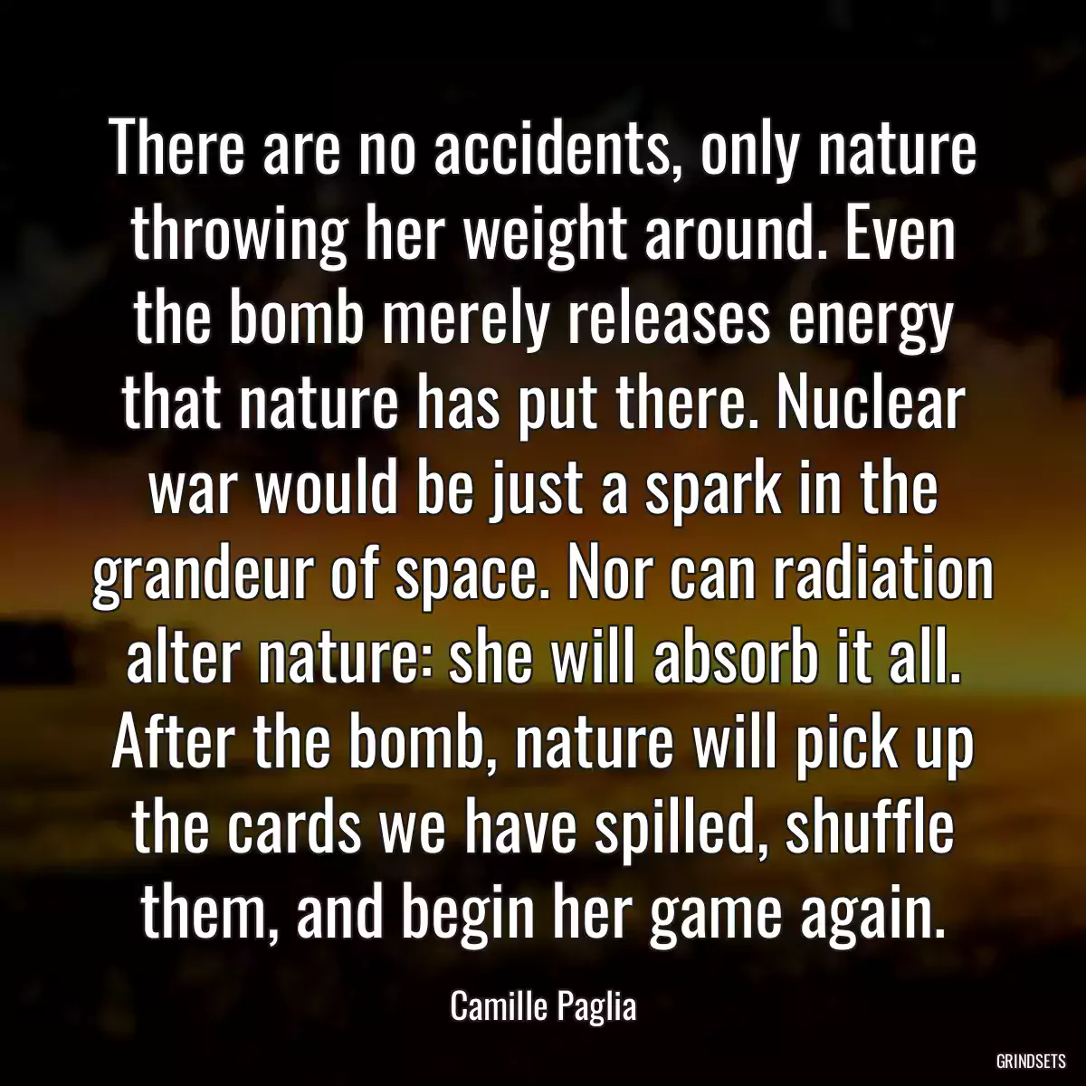 There are no accidents, only nature throwing her weight around. Even the bomb merely releases energy that nature has put there. Nuclear war would be just a spark in the grandeur of space. Nor can radiation alter nature: she will absorb it all. After the bomb, nature will pick up the cards we have spilled, shuffle them, and begin her game again.