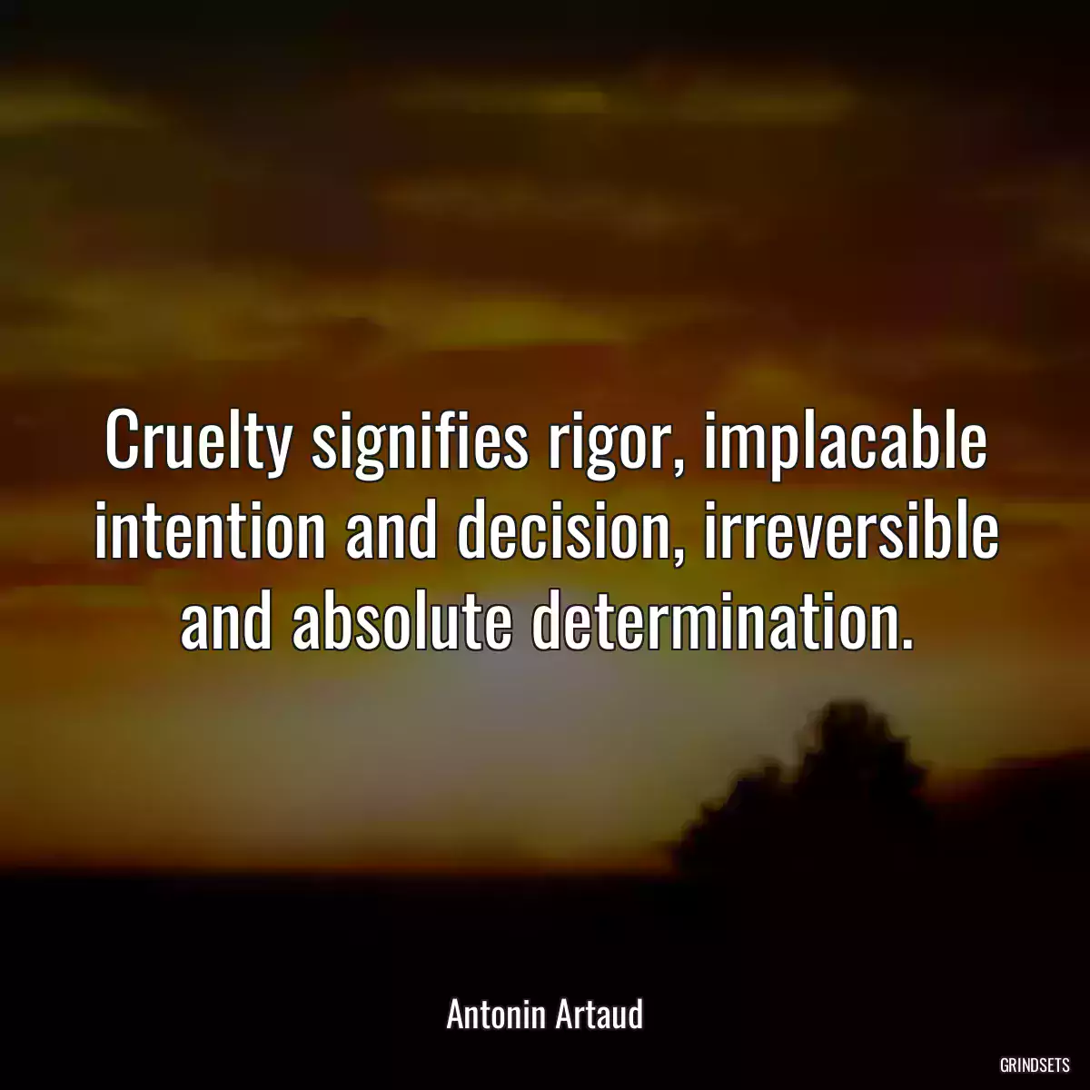 Cruelty signifies rigor, implacable intention and decision, irreversible and absolute determination.