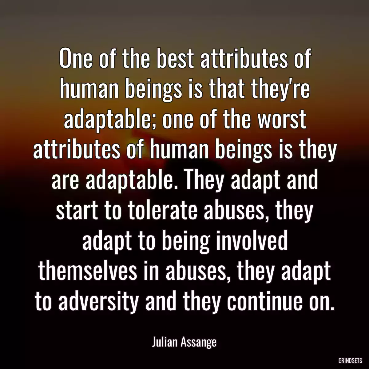 One of the best attributes of human beings is that they\'re adaptable; one of the worst attributes of human beings is they are adaptable. They adapt and start to tolerate abuses, they adapt to being involved themselves in abuses, they adapt to adversity and they continue on.