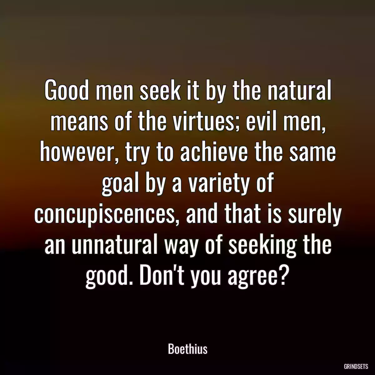 Good men seek it by the natural means of the virtues; evil men, however, try to achieve the same goal by a variety of concupiscences, and that is surely an unnatural way of seeking the good. Don\'t you agree?