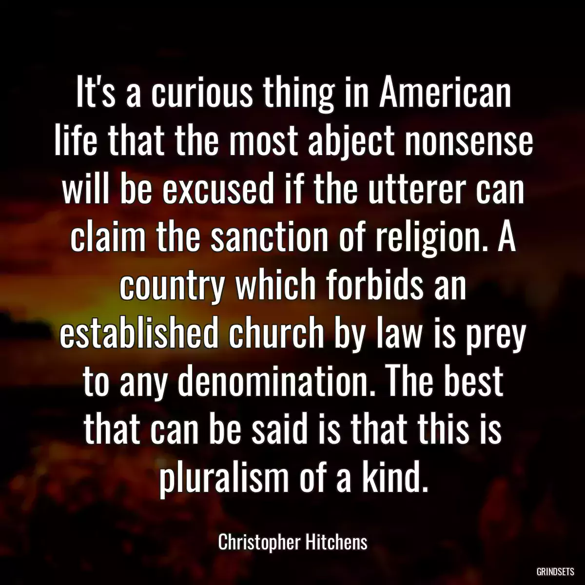 It\'s a curious thing in American life that the most abject nonsense will be excused if the utterer can claim the sanction of religion. A country which forbids an established church by law is prey to any denomination. The best that can be said is that this is pluralism of a kind.