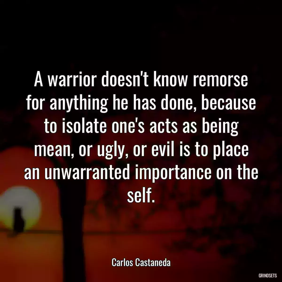 A warrior doesn\'t know remorse for anything he has done, because to isolate one\'s acts as being mean, or ugly, or evil is to place an unwarranted importance on the self.