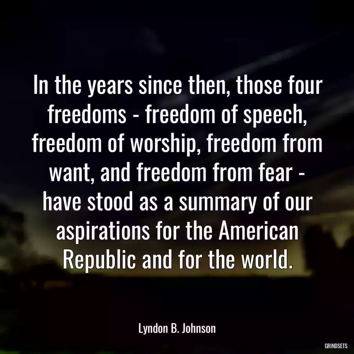 In the years since then, those four freedoms - freedom of speech, freedom of worship, freedom from want, and freedom from fear - have stood as a summary of our aspirations for the American Republic and for the world.