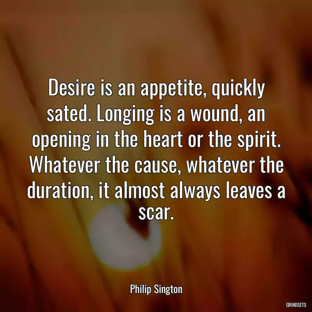 Desire is an appetite, quickly sated. Longing is a wound, an opening in the heart or the spirit. Whatever the cause, whatever the duration, it almost always leaves a scar.