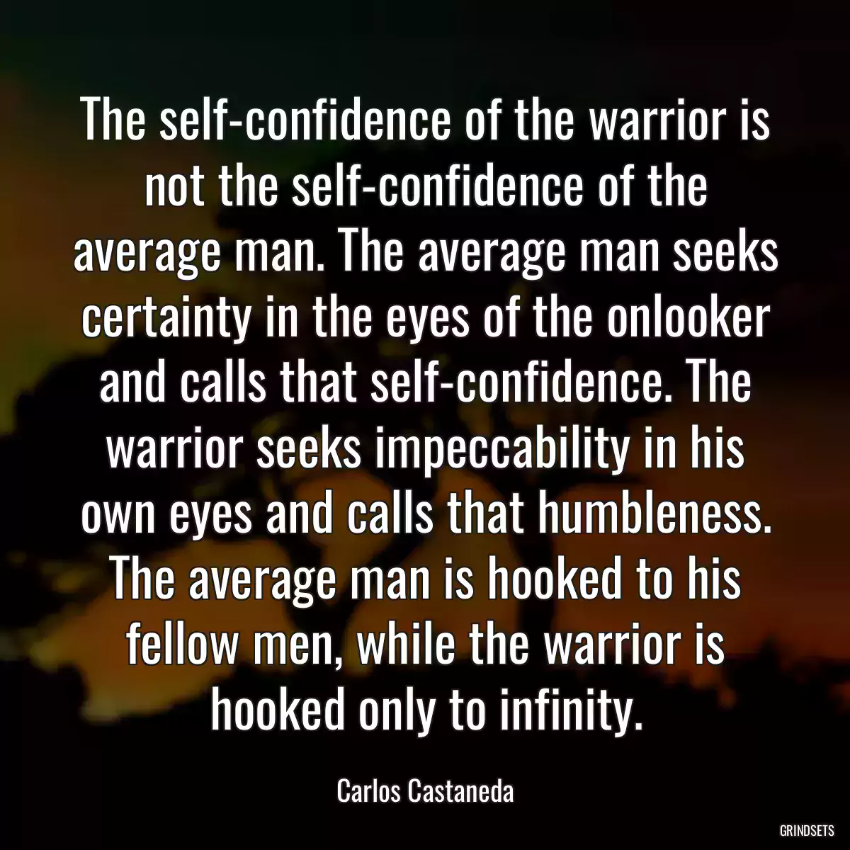 The self-confidence of the warrior is not the self-confidence of the average man. The average man seeks certainty in the eyes of the onlooker and calls that self-confidence. The warrior seeks impeccability in his own eyes and calls that humbleness. The average man is hooked to his fellow men, while the warrior is hooked only to infinity.