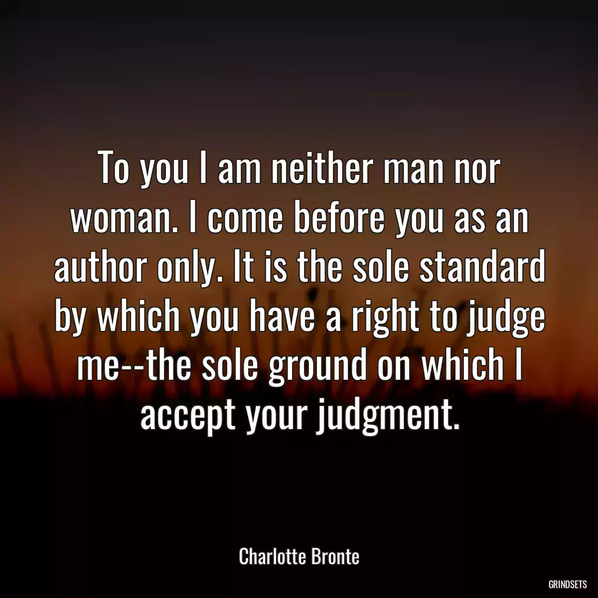 To you I am neither man nor woman. I come before you as an author only. It is the sole standard by which you have a right to judge me--the sole ground on which I accept your judgment.