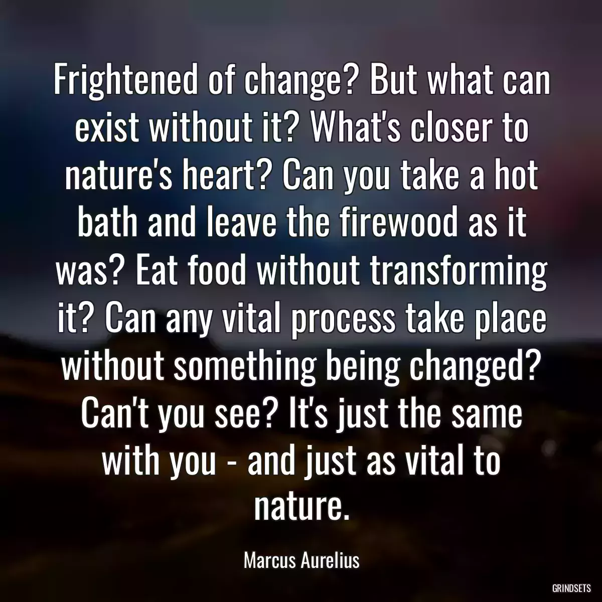 Frightened of change? But what can exist without it? What\'s closer to nature\'s heart? Can you take a hot bath and leave the firewood as it was? Eat food without transforming it? Can any vital process take place without something being changed? Can\'t you see? It\'s just the same with you - and just as vital to nature.