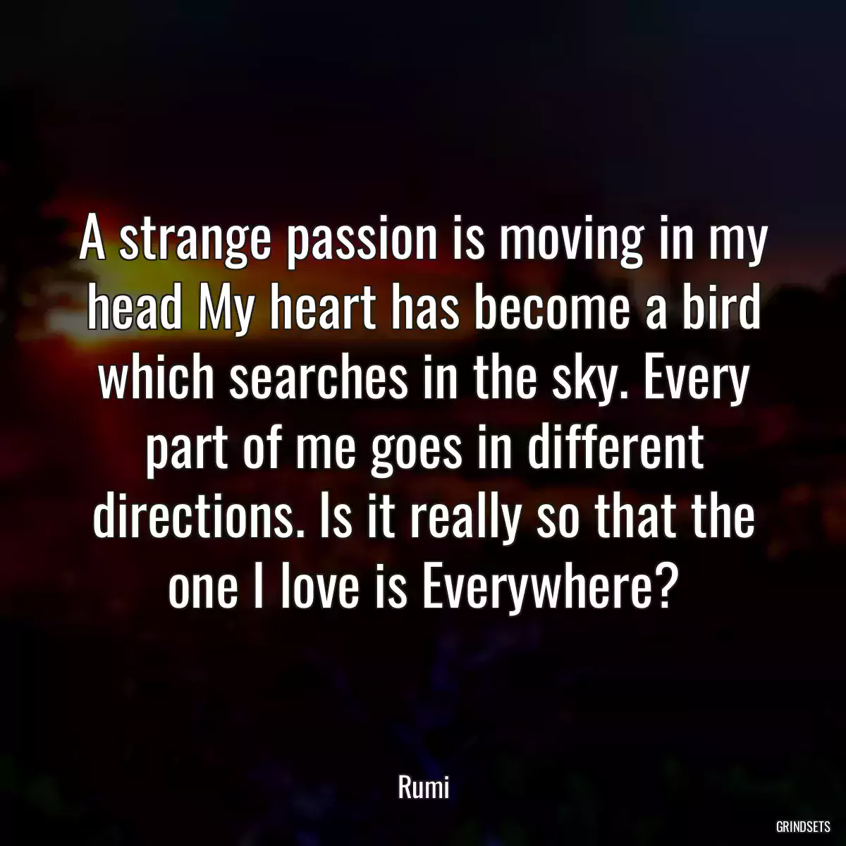 A strange passion is moving in my head My heart has become a bird which searches in the sky. Every part of me goes in different directions. Is it really so that the one I love is Everywhere?