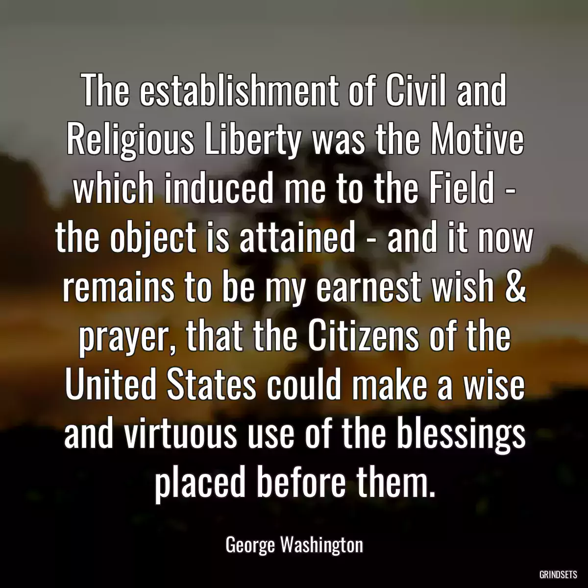 The establishment of Civil and Religious Liberty was the Motive which induced me to the Field - the object is attained - and it now remains to be my earnest wish & prayer, that the Citizens of the United States could make a wise and virtuous use of the blessings placed before them.