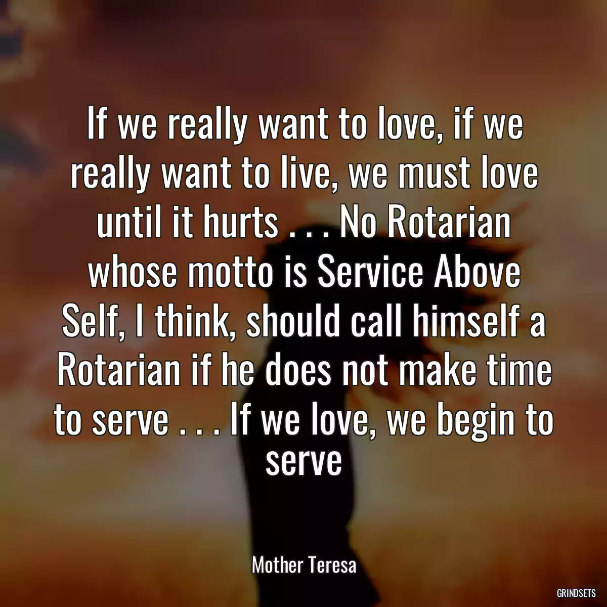 If we really want to love, if we really want to live, we must love until it hurts . . . No Rotarian whose motto is Service Above Self, I think, should call himself a Rotarian if he does not make time to serve . . . If we love, we begin to serve