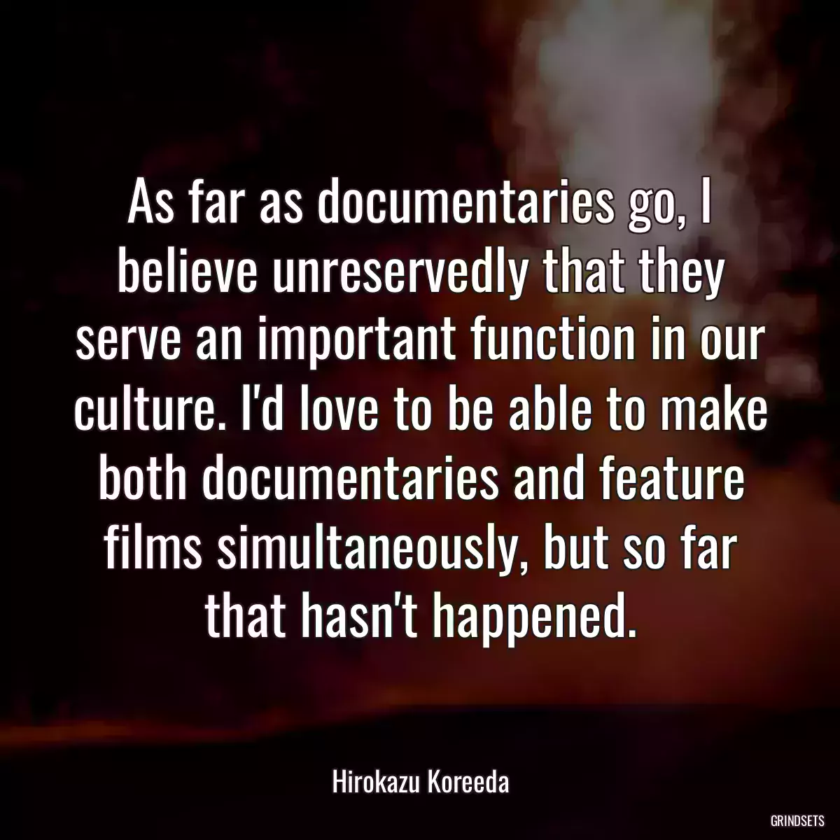 As far as documentaries go, I believe unreservedly that they serve an important function in our culture. I\'d love to be able to make both documentaries and feature films simultaneously, but so far that hasn\'t happened.