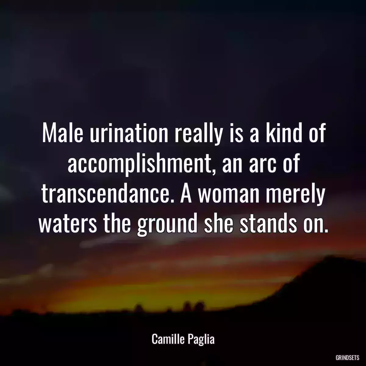 Male urination really is a kind of accomplishment, an arc of transcendance. A woman merely waters the ground she stands on.