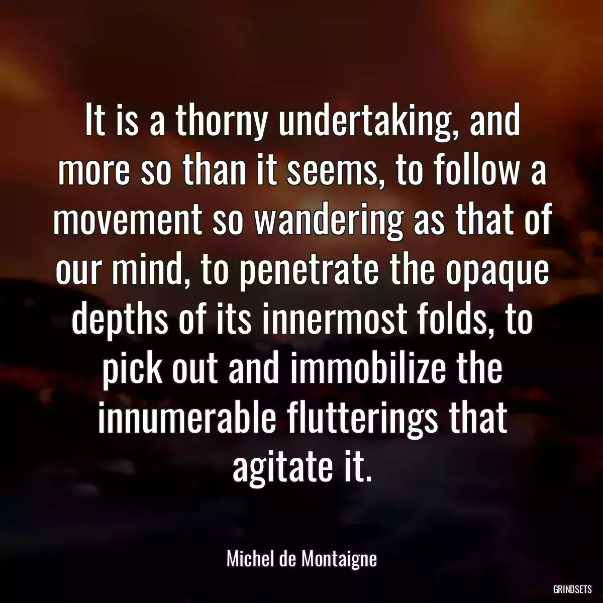 It is a thorny undertaking, and more so than it seems, to follow a movement so wandering as that of our mind, to penetrate the opaque depths of its innermost folds, to pick out and immobilize the innumerable flutterings that agitate it.