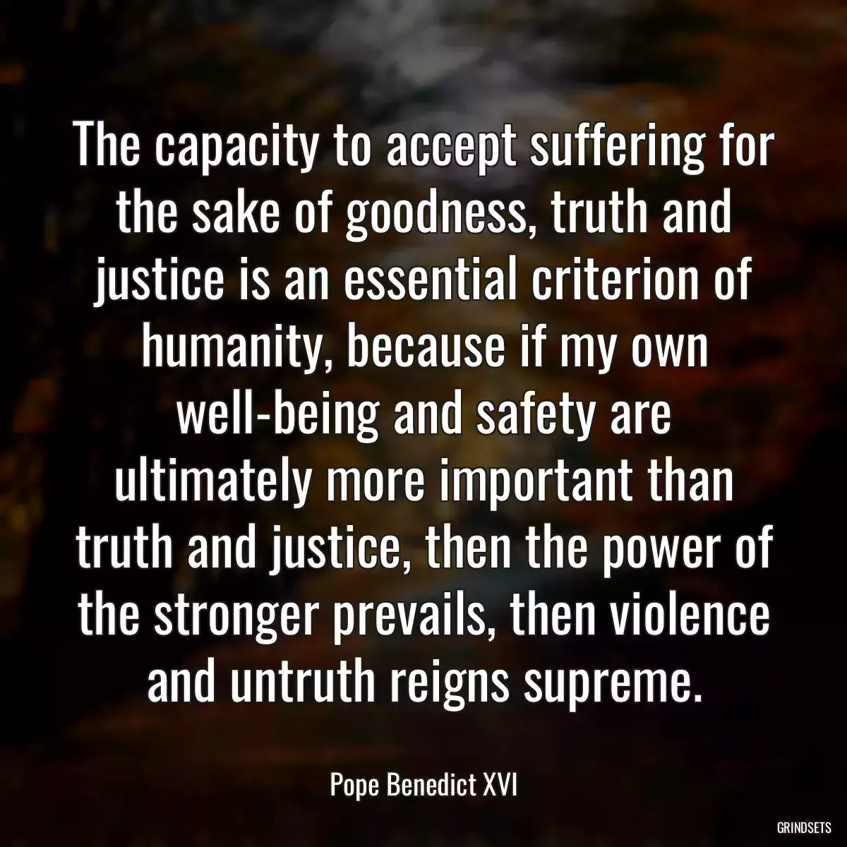 The capacity to accept suffering for the sake of goodness, truth and justice is an essential criterion of humanity, because if my own well-being and safety are ultimately more important than truth and justice, then the power of the stronger prevails, then violence and untruth reigns supreme.