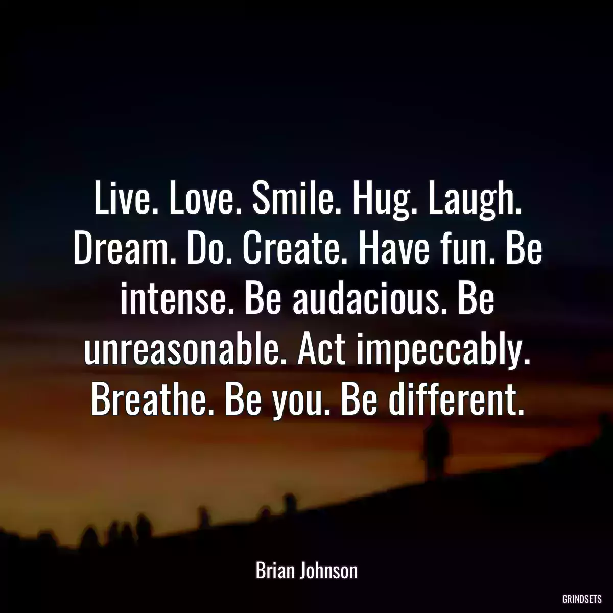 Live. Love. Smile. Hug. Laugh. Dream. Do. Create. Have fun. Be intense. Be audacious. Be unreasonable. Act impeccably. Breathe. Be you. Be different.