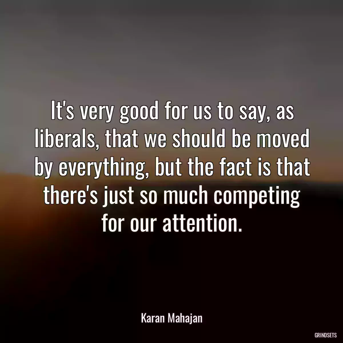 It\'s very good for us to say, as liberals, that we should be moved by everything, but the fact is that there\'s just so much competing for our attention.