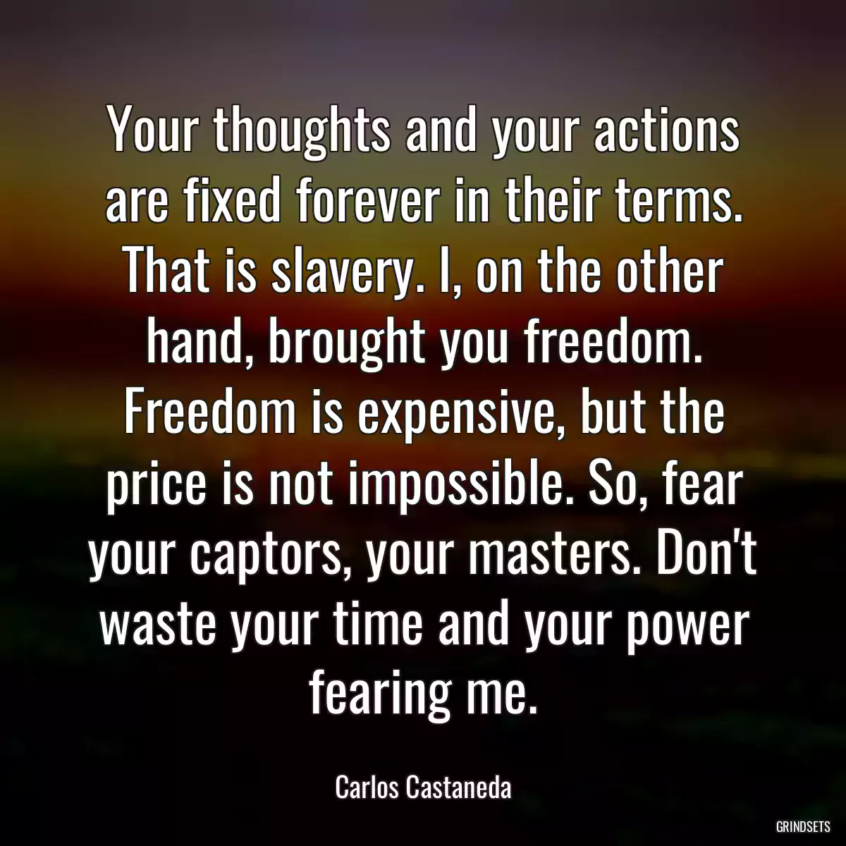 Your thoughts and your actions are fixed forever in their terms. That is slavery. I, on the other hand, brought you freedom. Freedom is expensive, but the price is not impossible. So, fear your captors, your masters. Don\'t waste your time and your power fearing me.