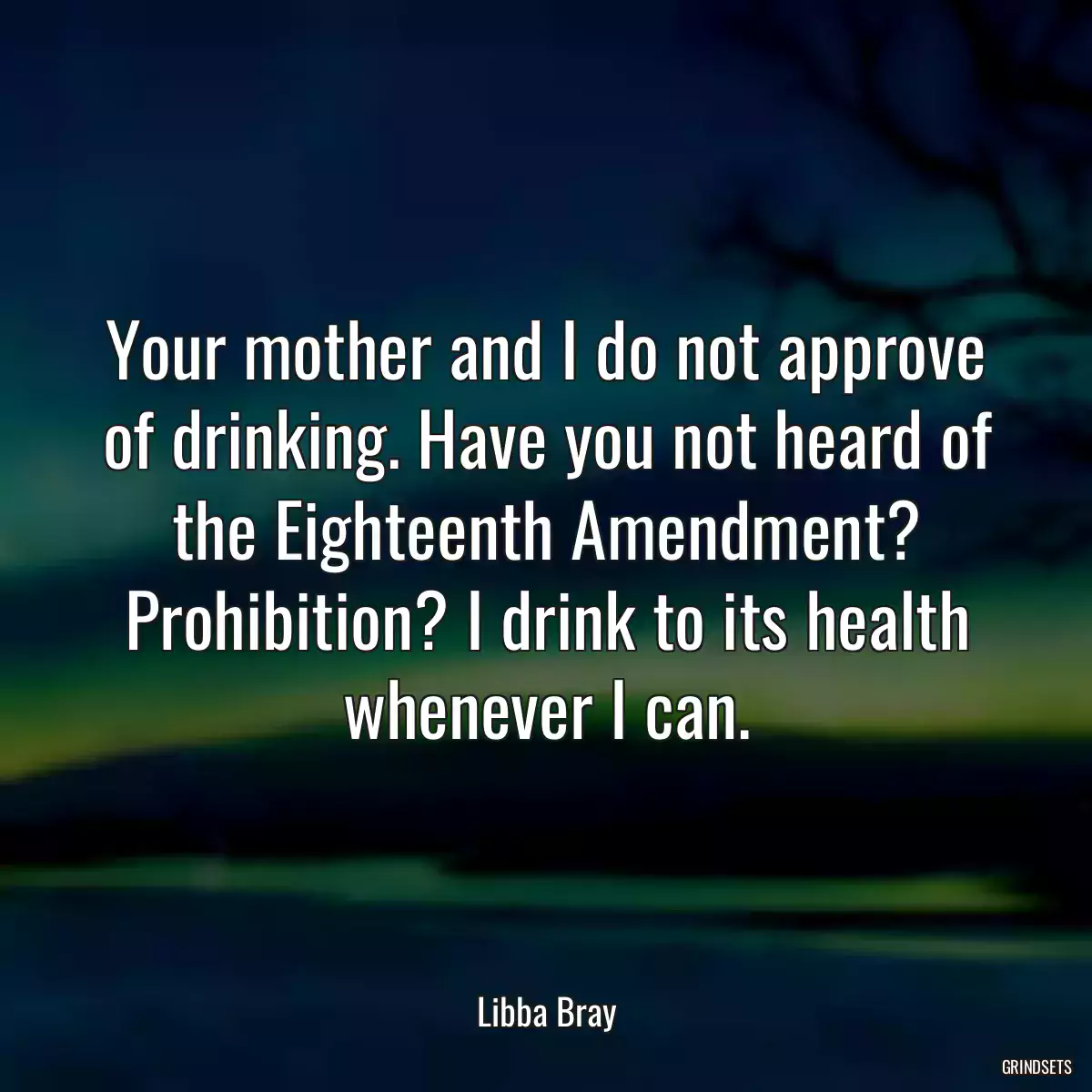 Your mother and I do not approve of drinking. Have you not heard of the Eighteenth Amendment? Prohibition? I drink to its health whenever I can.