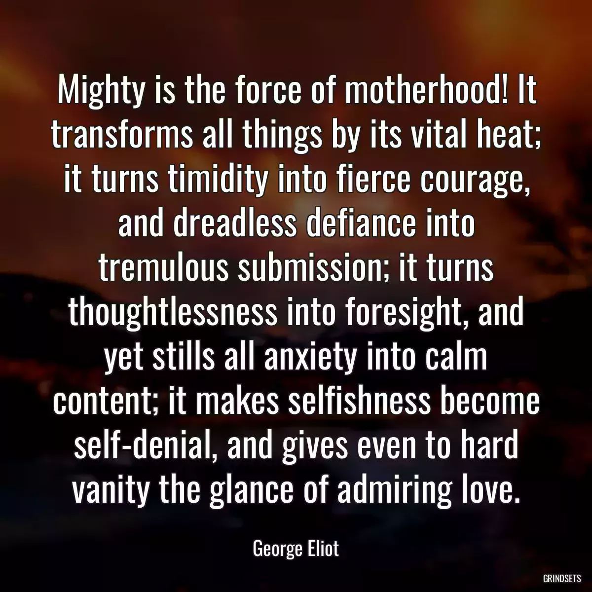 Mighty is the force of motherhood! It transforms all things by its vital heat; it turns timidity into fierce courage, and dreadless defiance into tremulous submission; it turns thoughtlessness into foresight, and yet stills all anxiety into calm content; it makes selfishness become self-denial, and gives even to hard vanity the glance of admiring love.