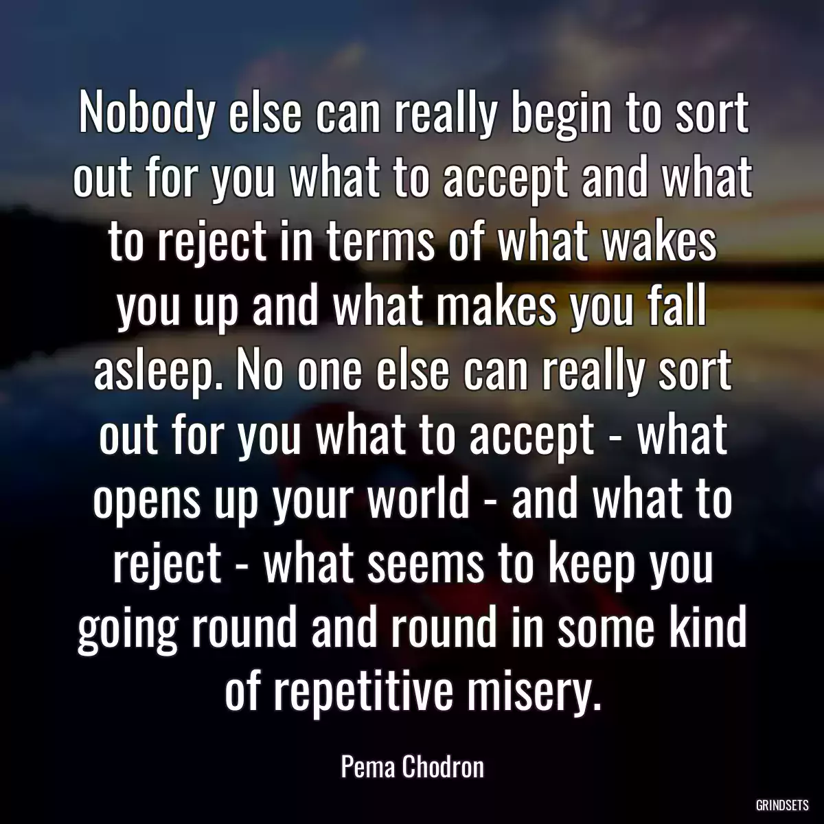 Nobody else can really begin to sort out for you what to accept and what to reject in terms of what wakes you up and what makes you fall asleep. No one else can really sort out for you what to accept - what opens up your world - and what to reject - what seems to keep you going round and round in some kind of repetitive misery.